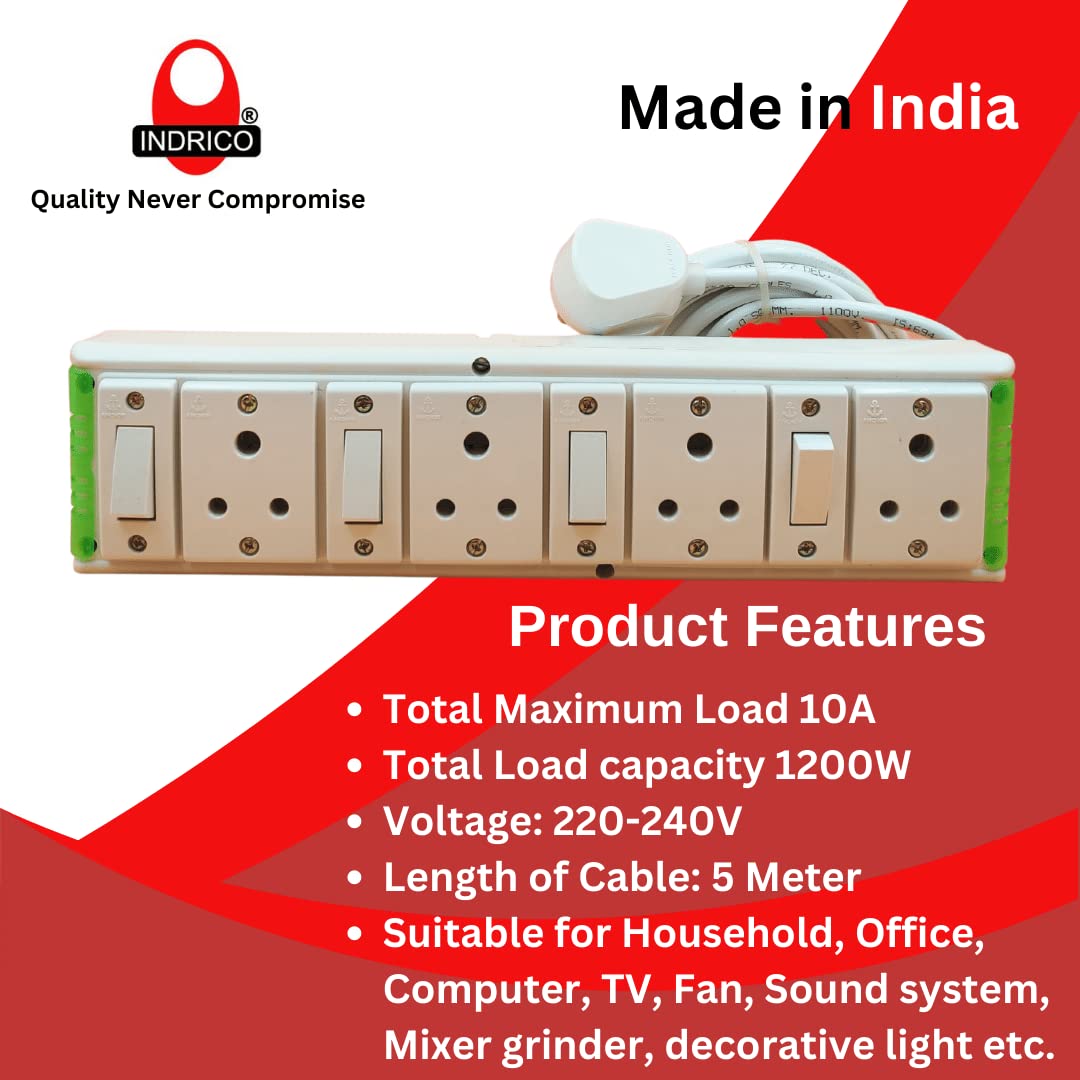 INDRICO® Extension Boards with Individual Switch of 4 Sockets with 5 Meter Long Cable PVC White
