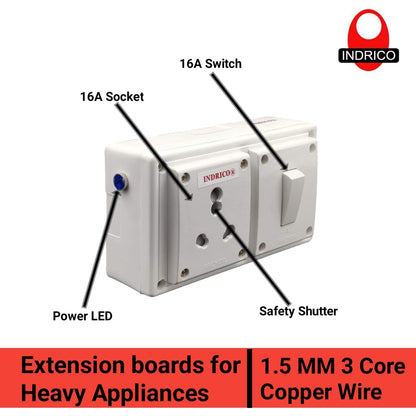 Extension Board with Long Wire (1.5 mm) 1 Socket 1 Switch 15/16 Amp White