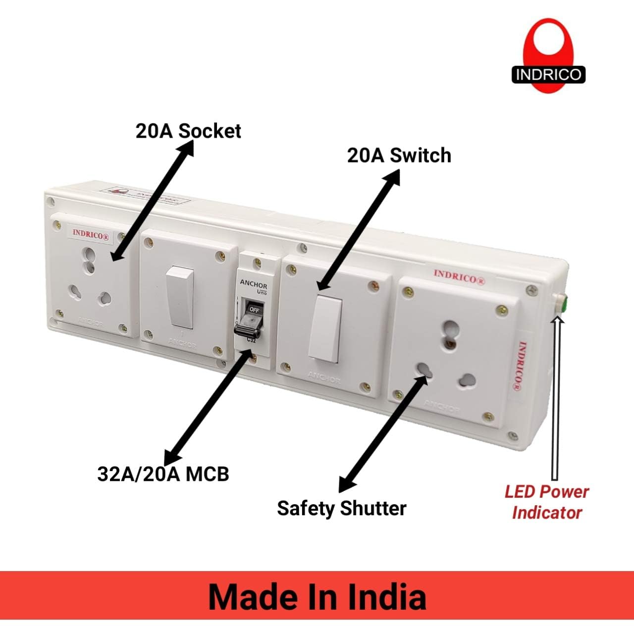 Extension Board for Heavy Appliances, AC/Washing Machine/Fridge/Micro Oven (2+2) 20 AMP 2.5 mm 3 core Copper Wire New