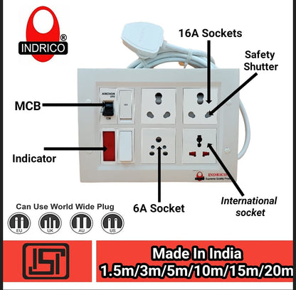 INDRICO Multi Outlet Socket Extension AC Switch Board with MCB 20A 15A 6A 16 Amp Box with Copper Cord Heavy Duty Wall Mounted up-to 3500 Watts 220 Volts