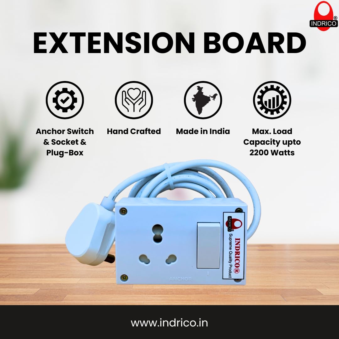 INDRICO® 16A Power Extension Board with Heavy Duty Wire for Microwave, Induction Cooker, Fridge, Washing Machine, 1 Ton A.C, Anchor Switch & Socket & Plug (Up-to 2000 watts)