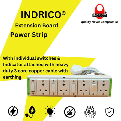 INDRICO® Extension Boards with Individual Switch of 4 Sockets with 5 Meter Long Cable PVC White