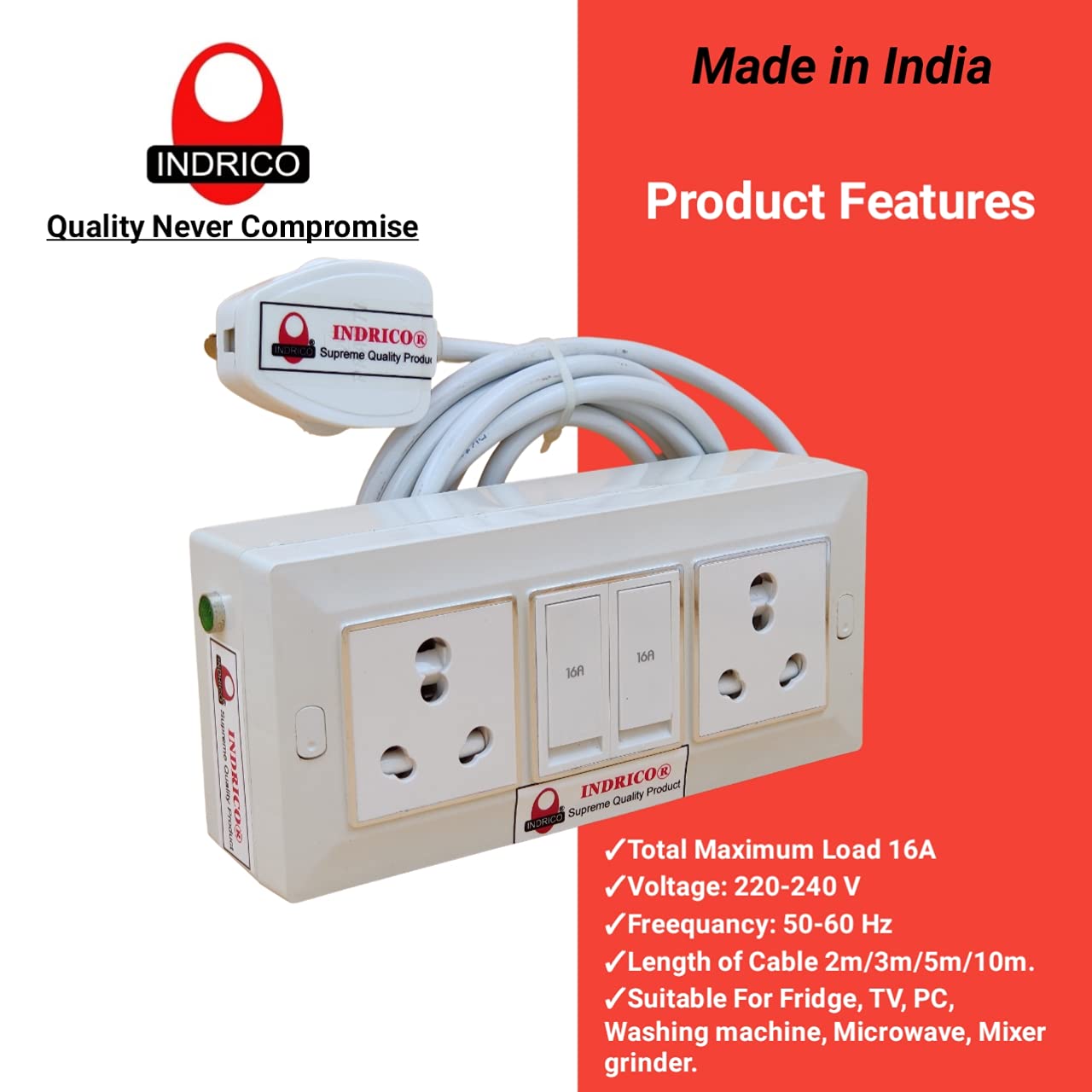 INDRICO Electric Extension Switch Board - 16A/20A + 16A/20A with Individual Switches and Heavy Duty (Rating 2000W)