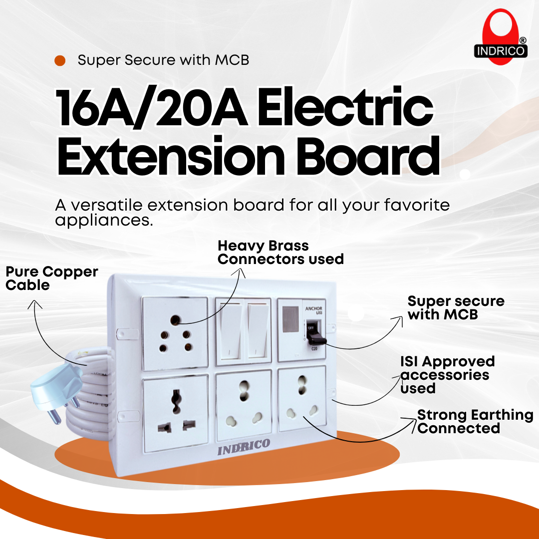 INDRICO Multi Outlet Socket Extension AC Switch Board with MCB 20A 15A 6A 16 Amp Box with Copper Cord Heavy Duty Wall Mounted up-to 2200 Watts 220 Volts