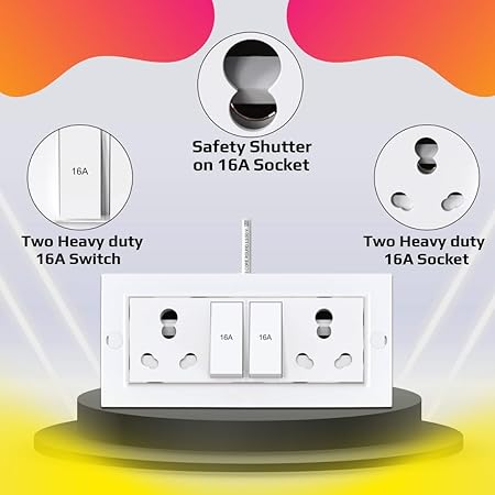 Bigpalycoan Electric Extension Board with Cable- 16A/20A + 16A/20A with Two Switch and Heavy Duty (White), 250 Volts
