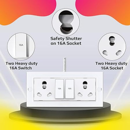 Bigpalycoan Electric Extension Board with Cable- 16A/20A + 16A/20A with Two Switch and Heavy Duty (White), 250 Volts