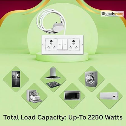 Bigpalycoan Electric Extension Board with Cable- 16A/20A + 16A/20A with Two Switch and Heavy Duty (White), 250 Volts