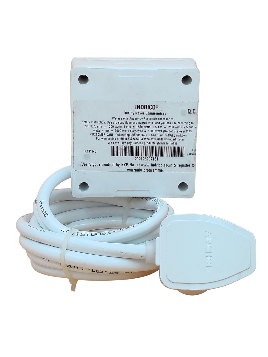 INDRICO Extension Board Heavy Duty 1 Socket 15A 16A 20A High Load Capacity 3000 Watts with 16A Big Plug PVC White (3 Meter)