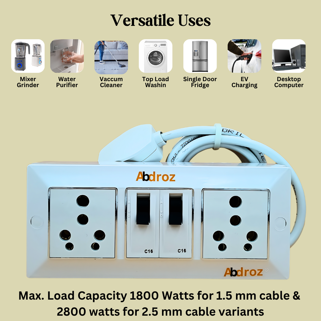 ABDROZ Extension Board - Two 16A Socket & Two 16A MCB Switch | 16A 3 Pin Plug | 3 core Copper Cable | White Color |