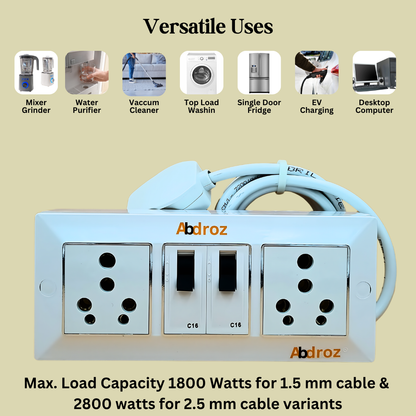 ABDROZ Extension Board - Two 16A Socket & Two 16A MCB Switch | 16A 3 Pin Plug | 3 core Copper Cable | White Color |