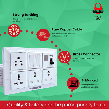 INDRICO 16amps Multi Socket Extension AC Switch Board 15amp with MCB 20A 15A 6A Multi Outlet Box Plug with Copper Cord Heavy Duty Wall Mounted White