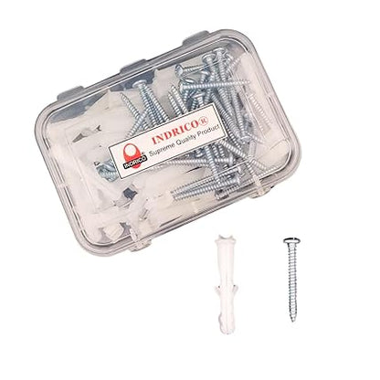 INDRICO Nylon Dry Wall Rawl Plugs/Gitti, Galvanish Screws Assorted Size (Set of 50 = Total 100 Pieces) White