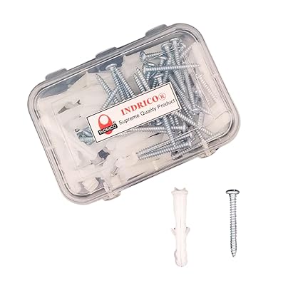 INDRICO Nylon Dry Wall Rawl Plugs/Gitti, Galvanish Screws Assorted Size (Set of 50 = Total 100 Pieces) White