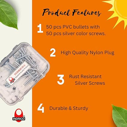 INDRICO Nylon Dry Wall Rawl Plugs/Gitti, Galvanish Screws Assorted Size (Set of 50 = Total 100 Pieces) White