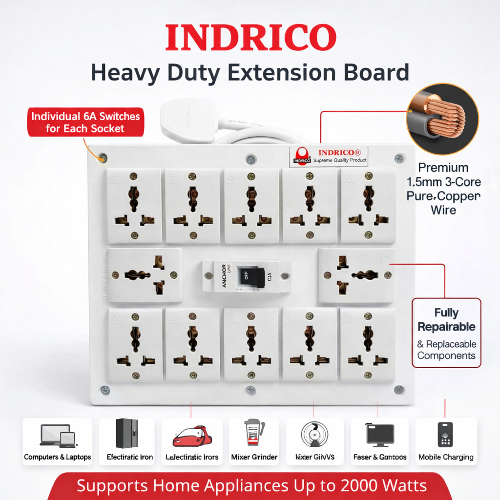 INDRICO Heavy Duty Extension Board with MCB | 1.5mm Copper Wire | 2000W Power Strip with MCB | Multi Plug Socket for Home & Office
