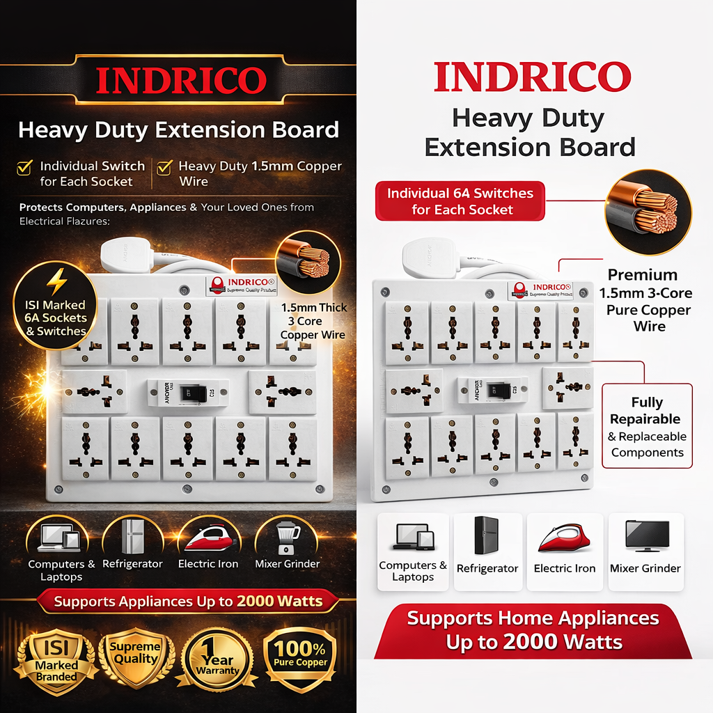 INDRICO Heavy Duty Extension Board with MCB | 1.5mm Copper Wire | 2000W Power Strip with MCB | Multi Plug Socket for Home & Office