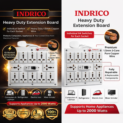 INDRICO Heavy Duty Extension Board with MCB | 1.5mm Copper Wire | 2000W Power Strip with MCB | Multi Plug Socket for Home & Office