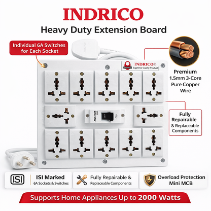 INDRICO Heavy Duty Extension Board with MCB | 1.5mm Copper Wire | 2000W Power Strip with MCB | Multi Plug Socket for Home & Office