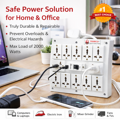 INDRICO Heavy Duty Extension Board with MCB | 1.5mm Copper Wire | 2000W Power Strip with MCB | Multi Plug Socket for Home & Office