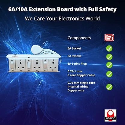 INDRICO Extension Board With Individual Switch 6 Way 240 Volts (Max. Rating 1200W) Pvc White Pack Of 1