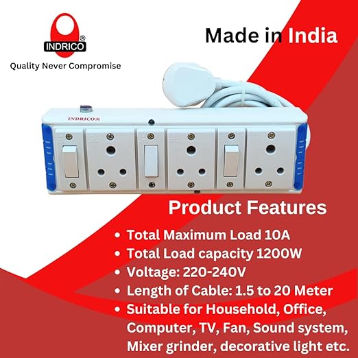 INDRICO Extension Board With Individual Switch 6 Way 240 Volts (Max. Rating 1200W) Pvc White Pack Of 1