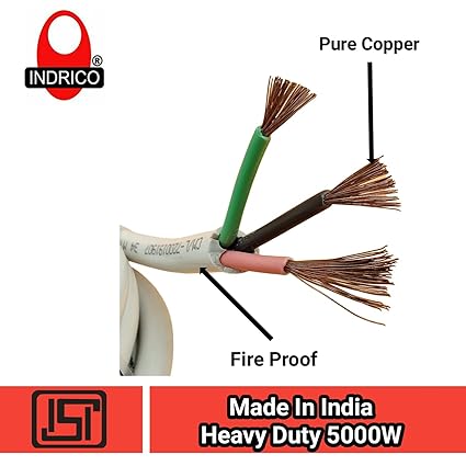 INDRICO 3 Core Wire 4 Sq mm Round Pure Copper Cable ISI Mark Heavy Duty for Domestic and Industrial Electric Uses Rating 5000W PVC White/Black Pack of 1