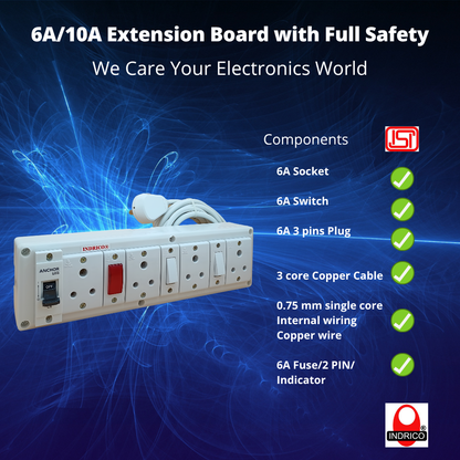 Best 6 Amp Extension board with MCB protection 3 pin cord Rating 1500 watts