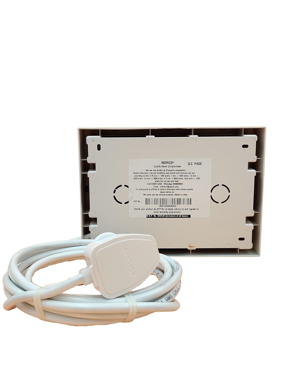 INDRICO 16amps Multi Socket Extension AC Switch Board 15amp with MCB 20A 15A 6A Multi Outlet Box Plug with Copper Cord Heavy Duty Wall Mounted White Pack of 1