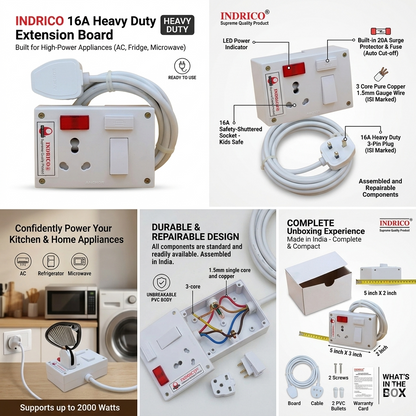 16Amp Heavy Duty Electric Extension Board with Switch White (Max. Load Capacity 2000W)