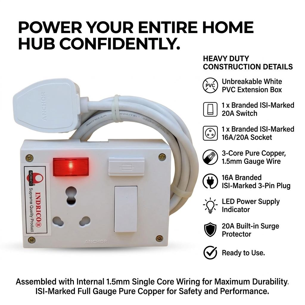 16Amp Heavy Duty Electric Extension Board with Switch White (Max. Load Capacity 2000W)