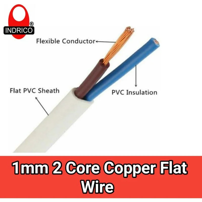 INDRICO® Twin Flat 2 core Copper Wires and Cables 1mm for Domestic and Industrial Electric Connections up to 1500 watts