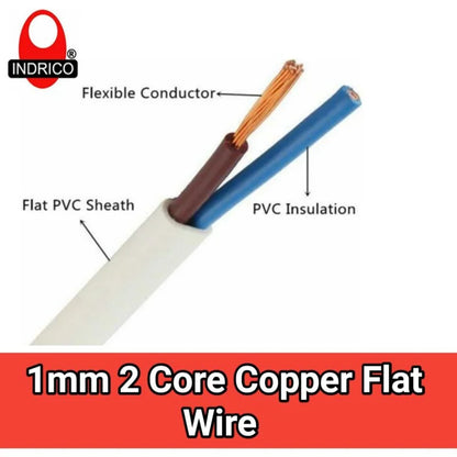 INDRICO® Twin Flat 2 core Copper Wires and Cables 1mm for Domestic and Industrial Electric Connections up to 1500 watts