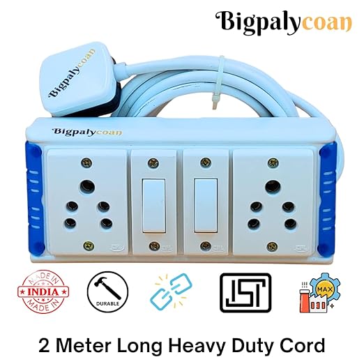 Bigpalycoan 2 Way Extension Multi Outlet Electrical Switch Board with Individual Switch Heavy Duty 2 metre Cord (Max. Rating 1200W- 230V) PVC Blue/Green-White