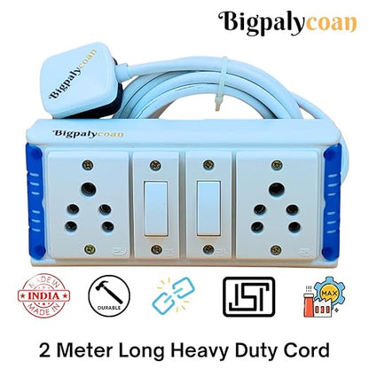 Bigpalycoan 2 Way Extension Multi Outlet Electrical Switch Board with Individual Switch Heavy Duty 2 metre Cord (Max. Rating 1200W- 230V) PVC Blue/Green-White
