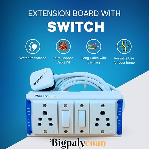 Bigpalycoan 2 Way Extension Multi Outlet Electrical Switch Board with Individual Switch Heavy Duty 2 metre Cord (Max. Rating 1200W- 230V) PVC Blue/Green-White