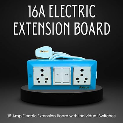 ABDROZ Electric Extension Board with Cable- 16A/20A + 16A/20A with Two Switch and Heavy Duty Copper Cable Wire (Sky Blue), 240 Volts