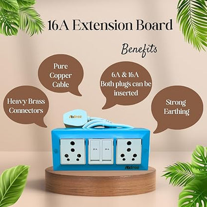 ABDROZ Electric Extension Board with Cable- 16A/20A + 16A/20A with Two Switch and Heavy Duty Copper Cable Wire (Sky Blue), 240 Volts