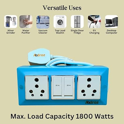ABDROZ Electric Extension Board with Cable- 16A/20A + 16A/20A with Two Switch and Heavy Duty Copper Cable Wire (Sky Blue), 240 Volts
