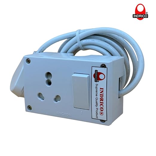 INDRICO® 20A Power Extension Board with 2 Meter Heavy Duty Wire for Microwave, Induction Cooker, Fridge, Washing Machine, 1 Ton A.C, Anchor Switch & Socket & Plug (White)