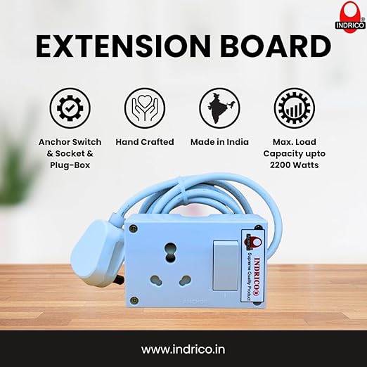 INDRICO® 20A Power Extension Board with 2 Meter Heavy Duty Wire for Microwave, Induction Cooker, Fridge, Washing Machine, 1 Ton A.C, Anchor Switch & Socket & Plug (White)