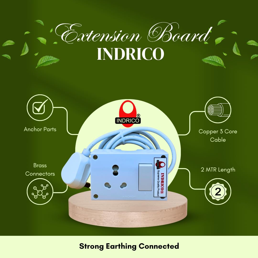 INDRICO® 20A Power Extension Board with 2 Meter Heavy Duty Wire for Microwave, Induction Cooker, Fridge, Washing Machine, 1 Ton A.C, Anchor Switch & Socket & Plug (White)
