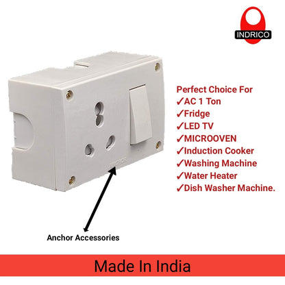 INDRICO® 20A Power Extension Board with 2 Meter Heavy Duty Wire for Microwave, Induction Cooker, Fridge, Washing Machine, 1 Ton A.C, Anchor Switch & Socket & Plug (White)