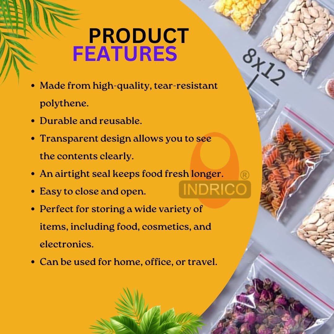 INDRICO Zip Lock Pouch Bags for Reusable Self-Seal Storage Transparent (12X16 Inch (50 PCS))